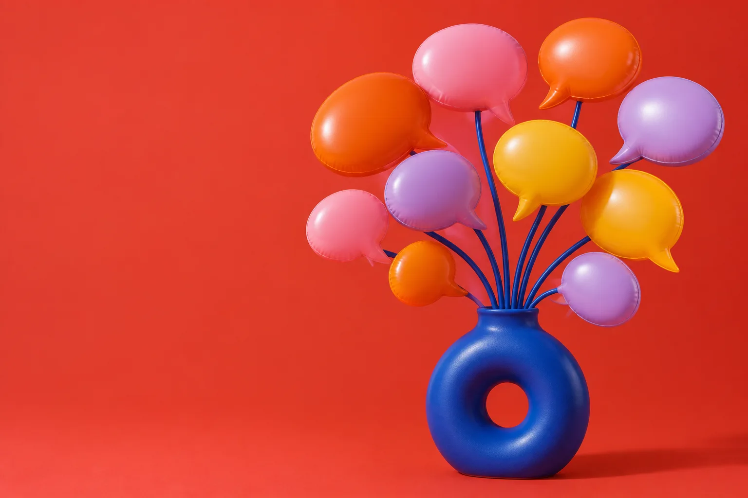 Colorful speech-bubble bouquet in a blue vase