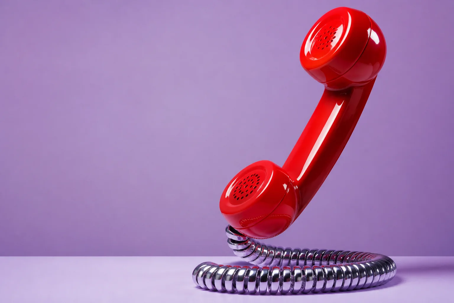Red handset on a chrome coil against lavender