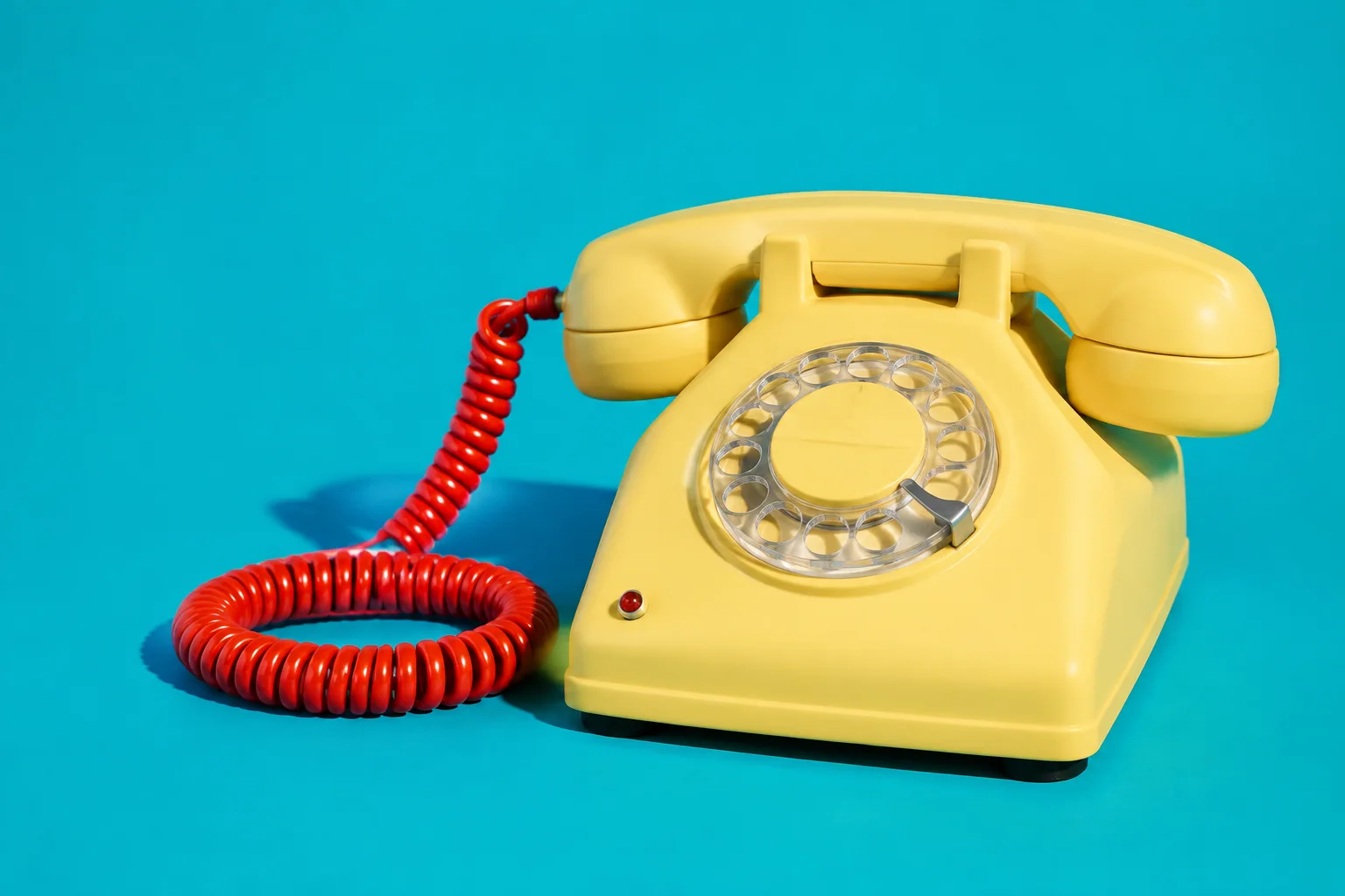 Yellow rotary telephone on turquoise