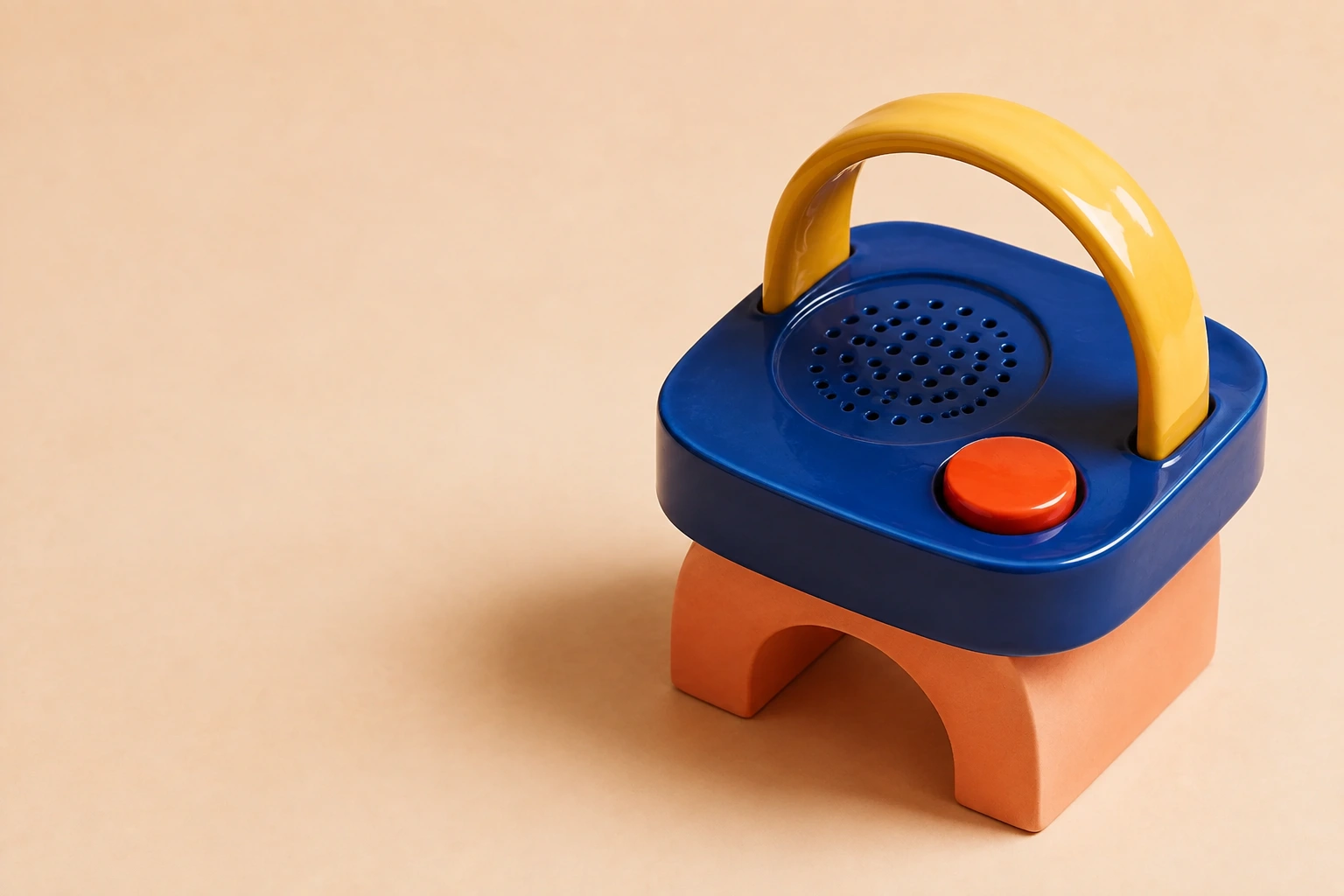 Cobalt ceramic intercom with a yellow handle and orange button on a terracotta arch